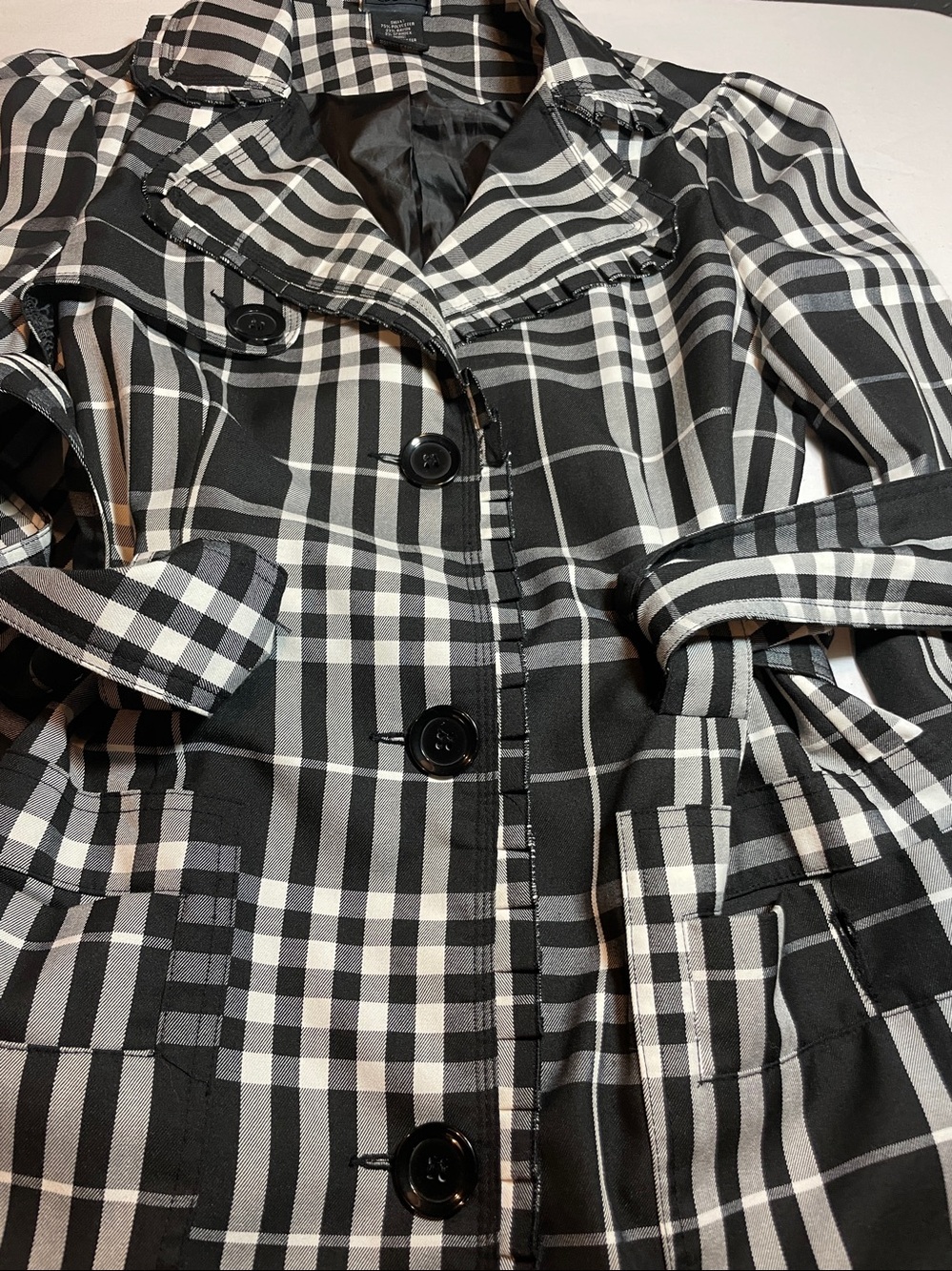 Black & White Plaid Trench Coat with Belt - Picture 5 of 12